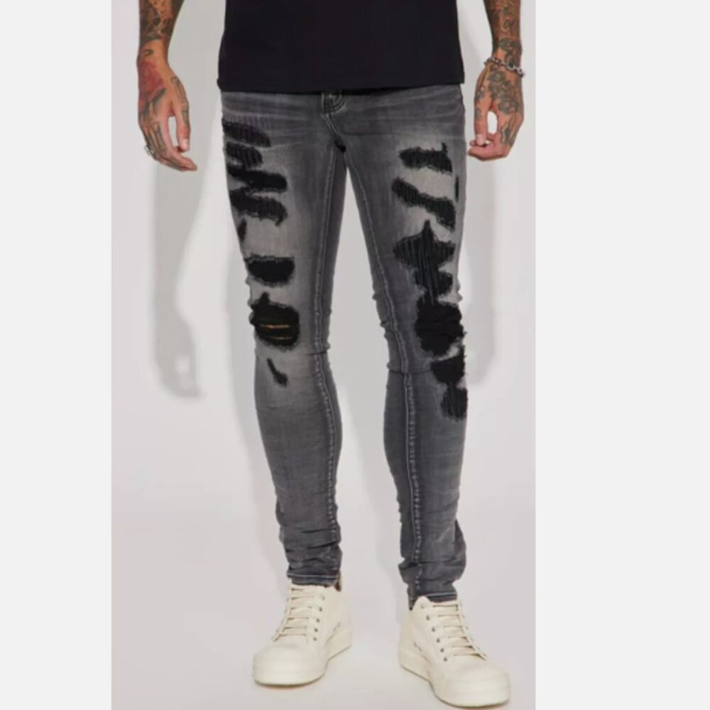 NWT Men's Sz 40 "Swag Ripped" Waxed Stacked Dark Skinny Jeans Denim - Black Wash